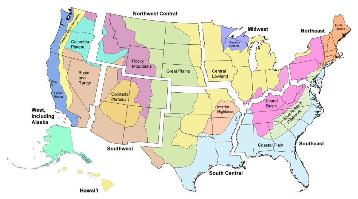 Map showing the major physiographic regions of the contiguous United States.