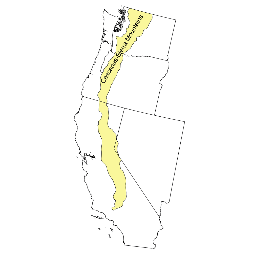 Simple map showing the location of the Cascade-Sierra Mountains physiographic region of the western United States.