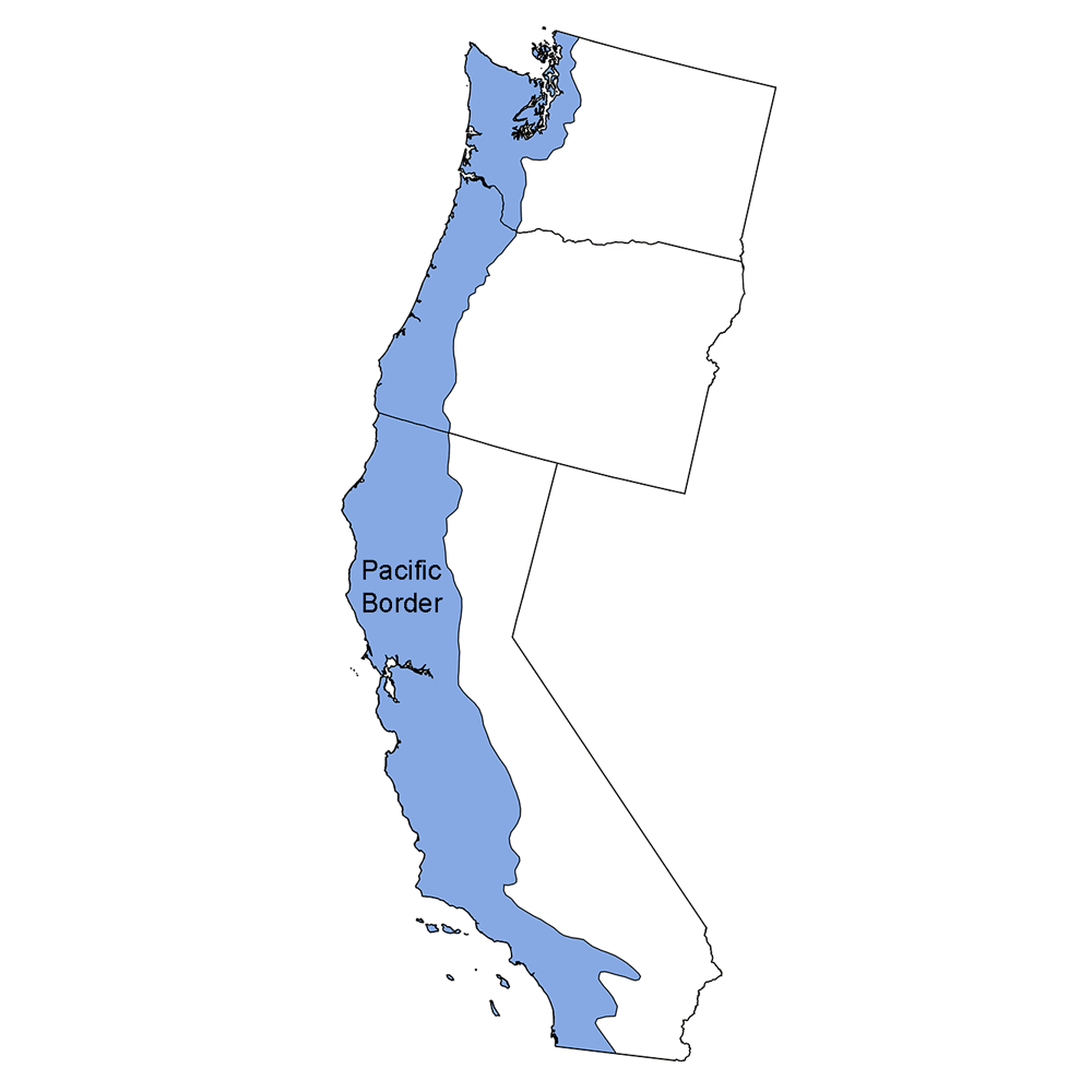 Simple map showing the location of the Pacific Border physiographic region of the western United States.