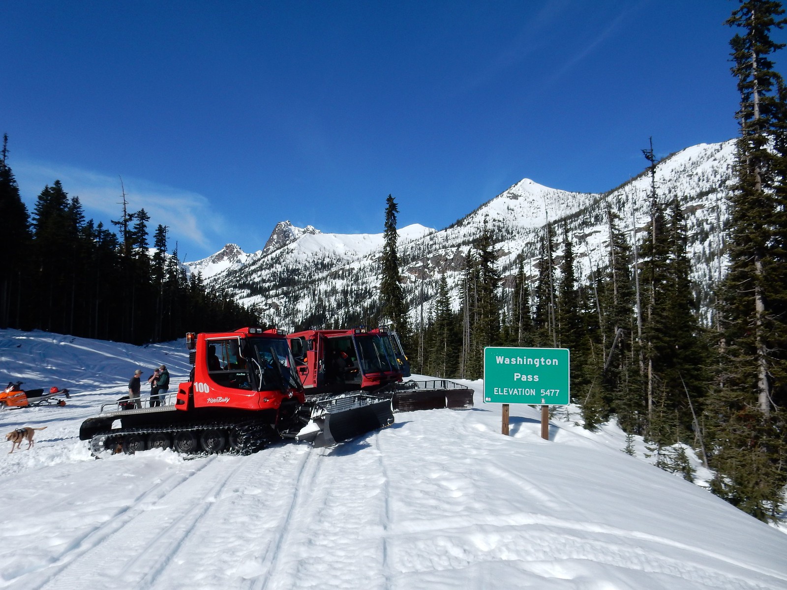 Photograph of snow on top of Washington Summit in the Cascades of Washington State, March 2015. The image shows multiple snow machines with small plows on the fronts. Some people, a dog, and a smaller snow mobile are near the larger machines. Snowy mountain peaks rise in the background, and conifers occur on the mountain slopes.