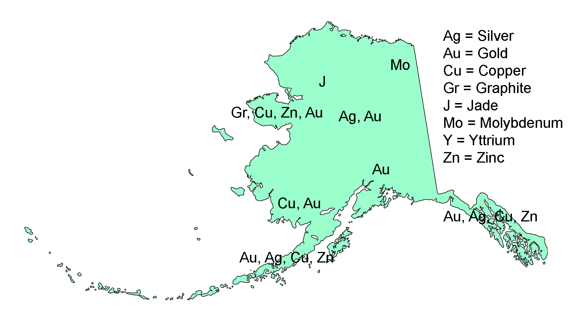 Map of Alaska showing the positions of different mineral resources.