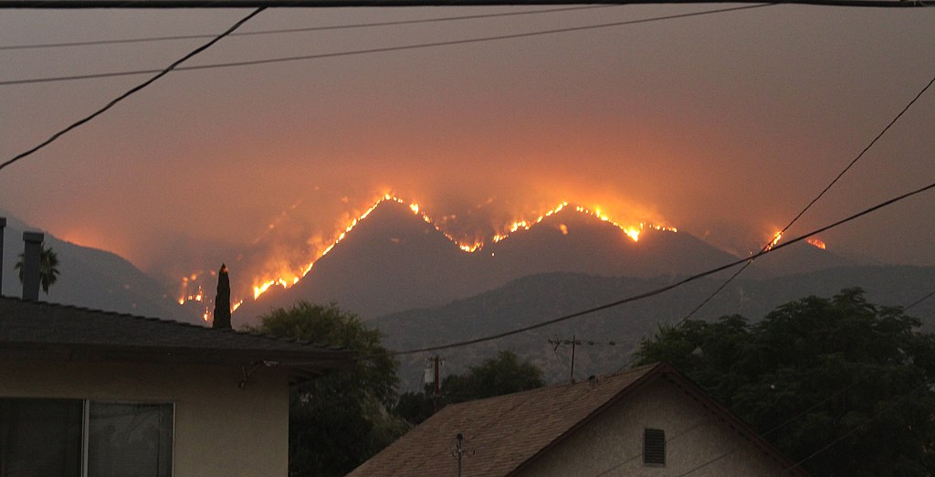 Photograph of the Bobcat Fire encroaching on houses in Monrovia, California on September 10, 2020.