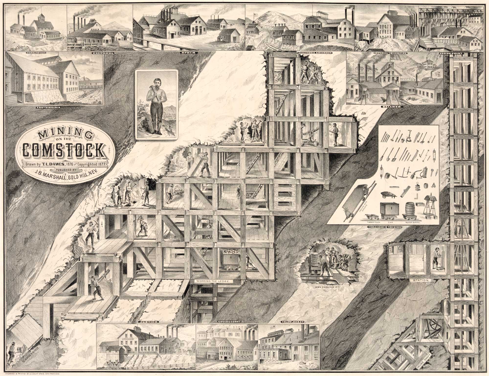 Historical drawing depicting mining operations on the Comstock Lode in Nevada.