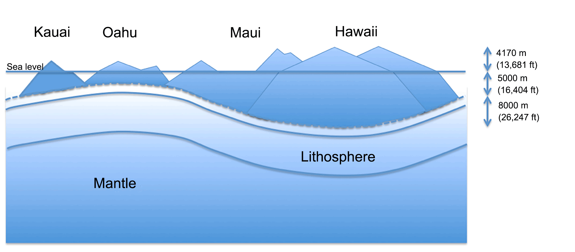 Diagram showing the heights of Hawaiian islands that incorporates their sizes below sea level.