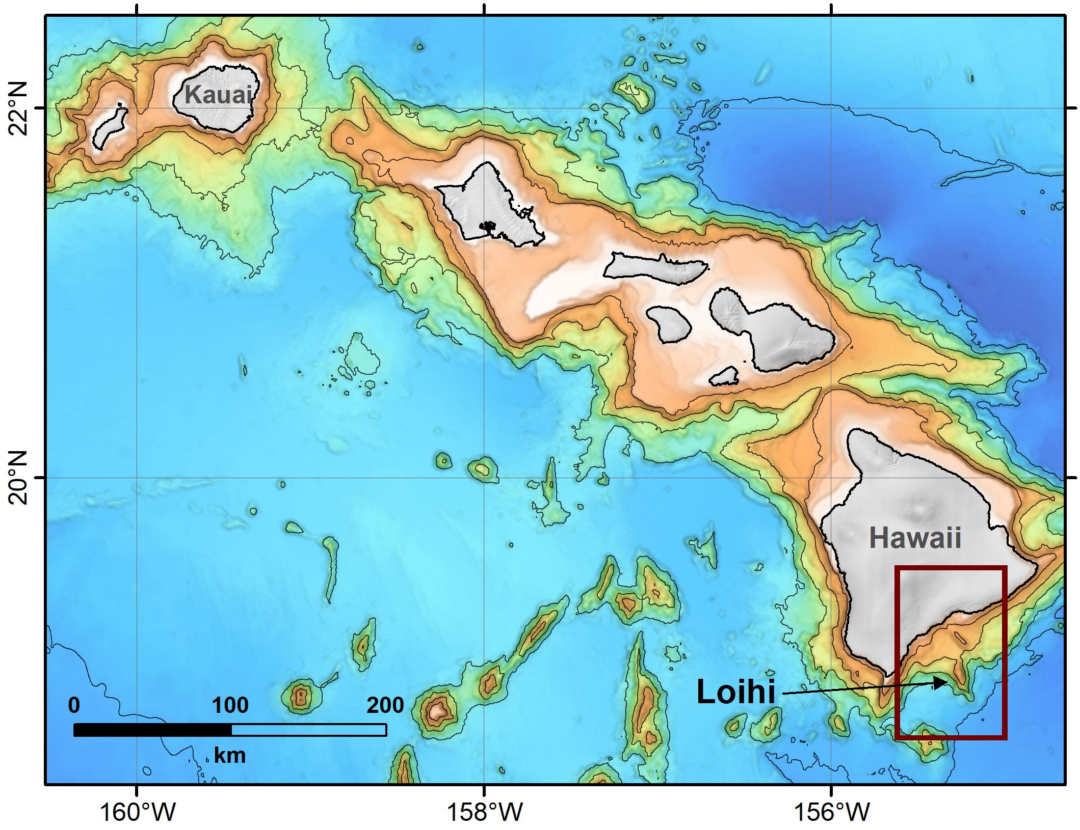 Bathymetric map (undersea elevation map) of the Hawaiian islands. The map shows islands from Kauai to Hawaii. Off the south coast of Hawaii, an undersea volcano, labeled Loihi on the map, is forming.