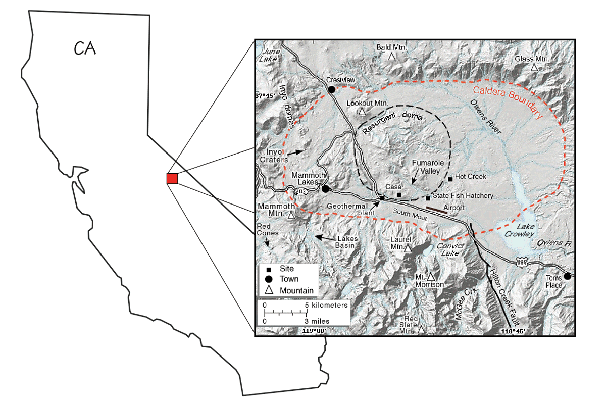 Map of California showing the location of the Long Valley Caldera, with a detailed inset map of the local region.