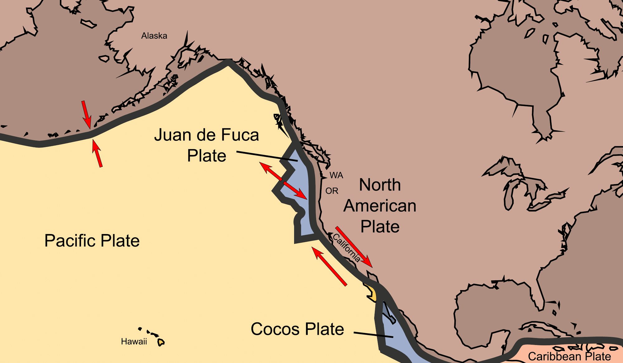 Map showing the major tectonic plates that are part of western North America.