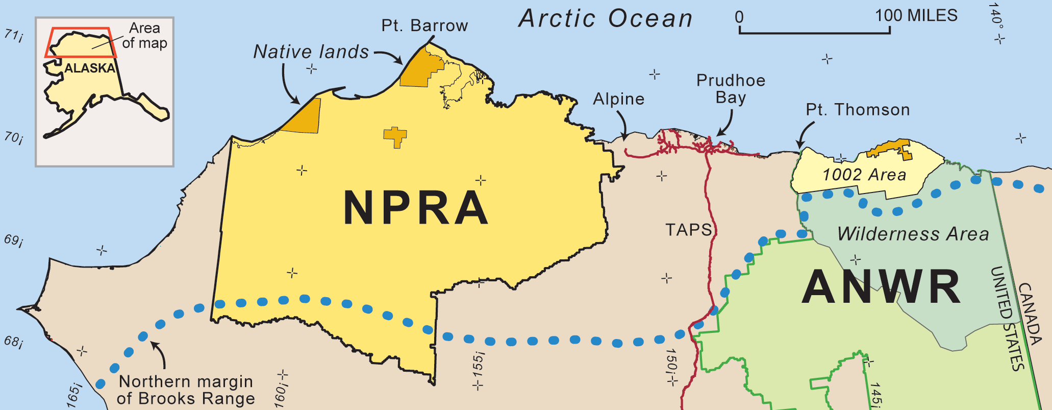 Map showing a detail of the North Slope of Alaska. The boundaries of the National Petroleum Reserve-Alaska in the northwest and the Arctic National Wildlife Refuge in the northeast are shown, along with the 1002 Area in the northern Arctic National Wildlife Refuge. Oil pipelines, including the Trans-Alaska pipeline running south from Prudhoe Bay, are indicated by red lines.