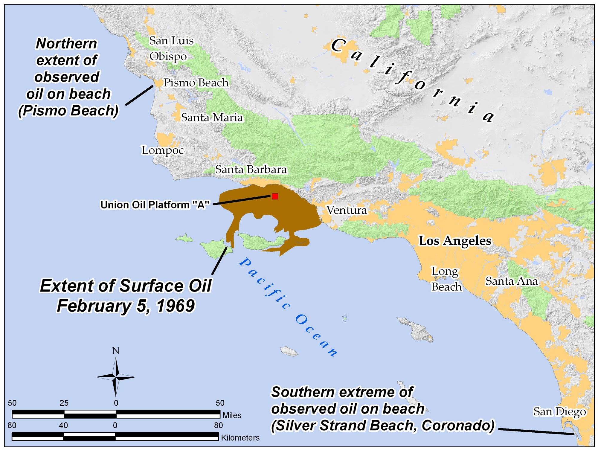 Map showing the coast of California near Santa Barbara from San Luis Obispo to San Diego showing the extent of the 1969 Santa Barbara oil spill. A region that is shaded brown near Santa Barbara is labeled as the surface oil on February 5, 1969. The map shows that oil appeared as far north as Pismo Beach and as far south as Silver Strand Beach in Coronado.