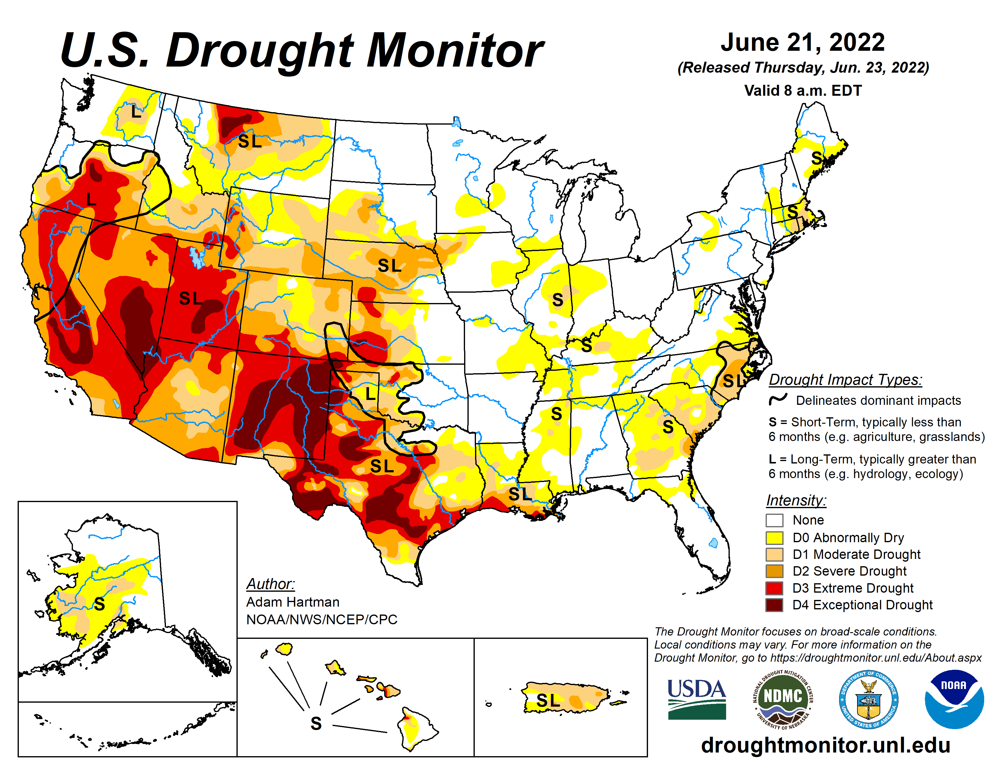 Map showing drought conditions in the United States as of June 2022. Drought conditions are most severe in the southwestern and western United States.