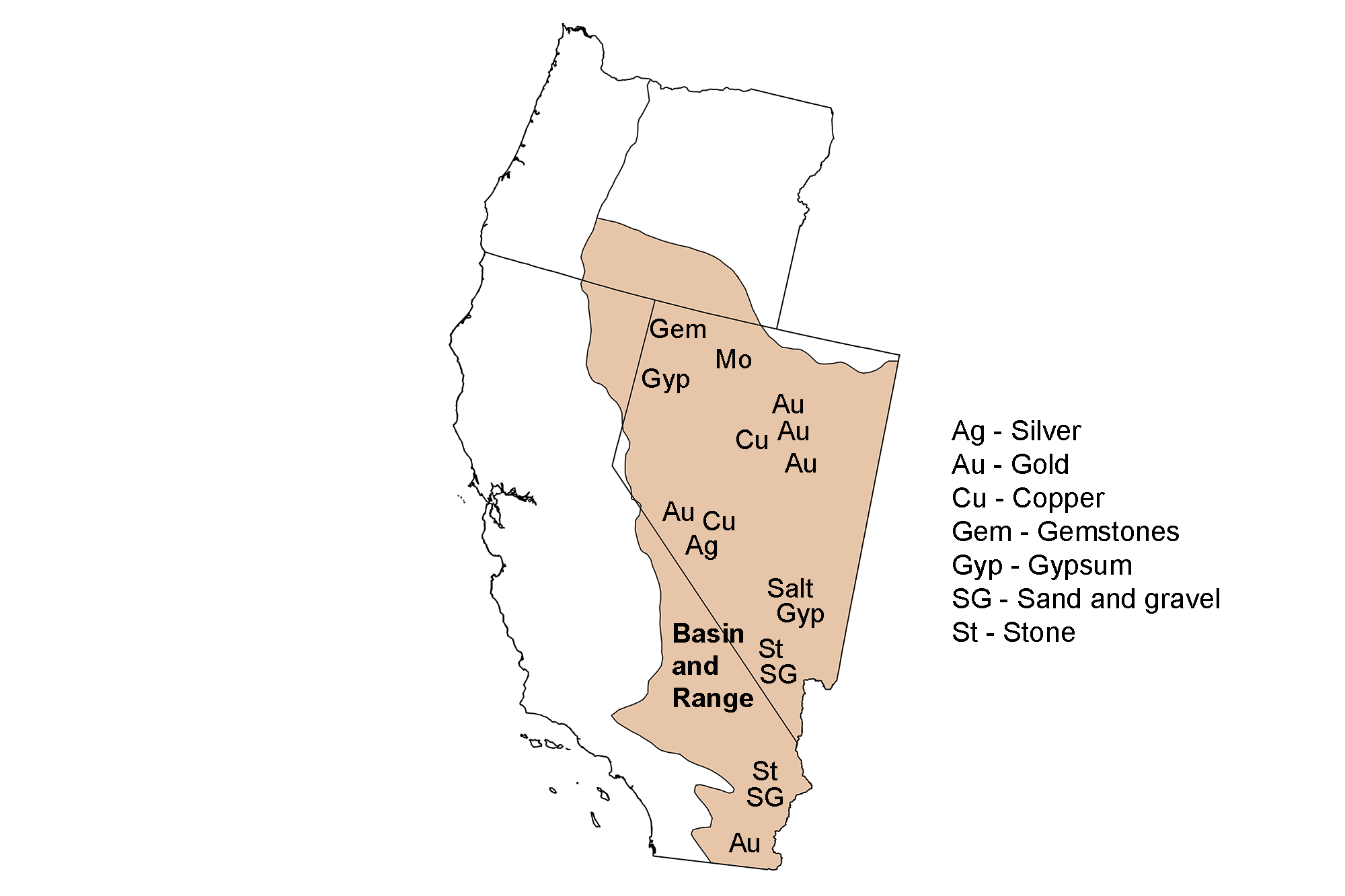 Map showing the locations of major mineral deposits in the Basin and Range region of the western United States.
