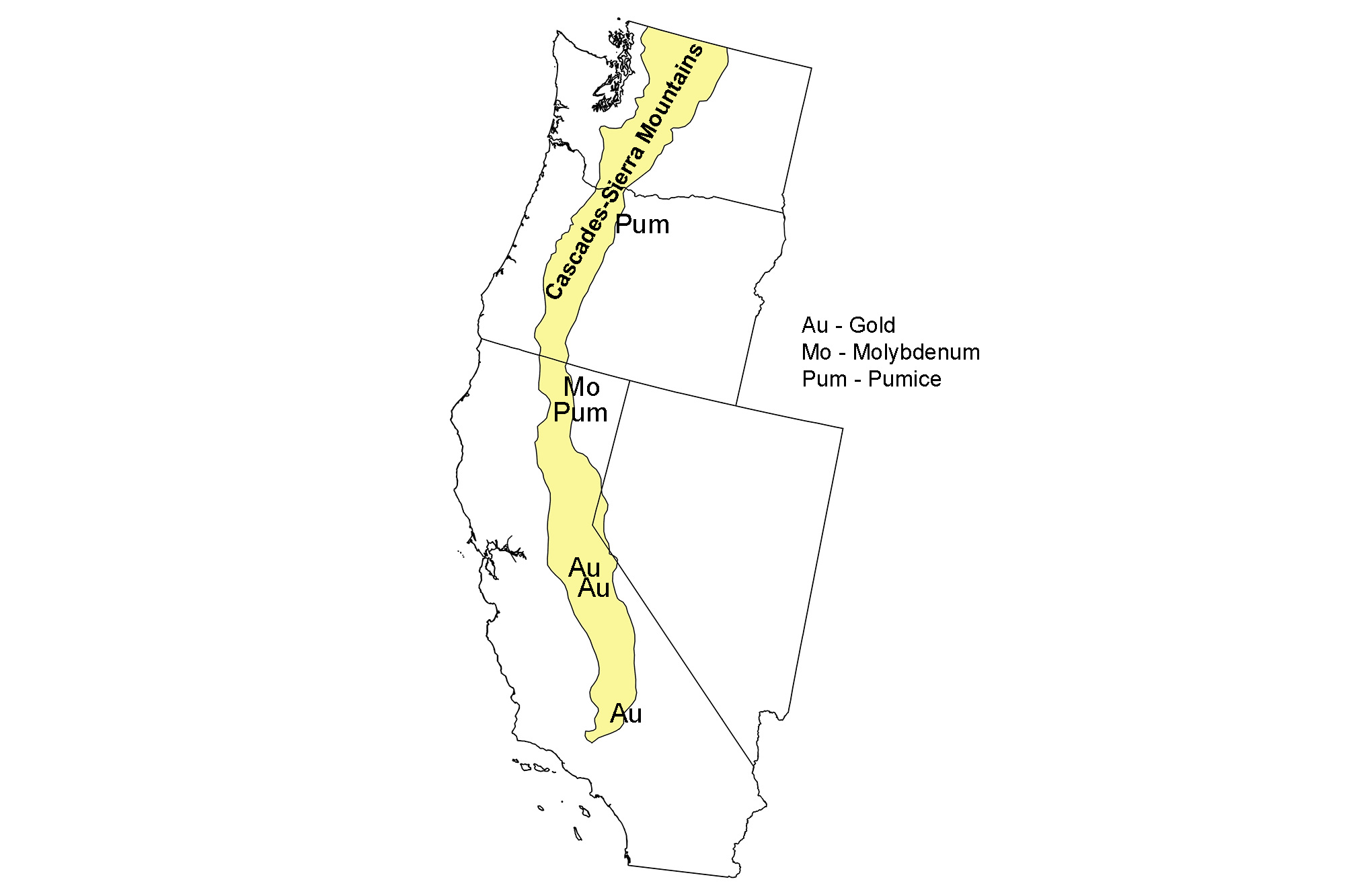 Map showing locations of mineral resources in the Cascade-Sierra Mountains of the western United States.