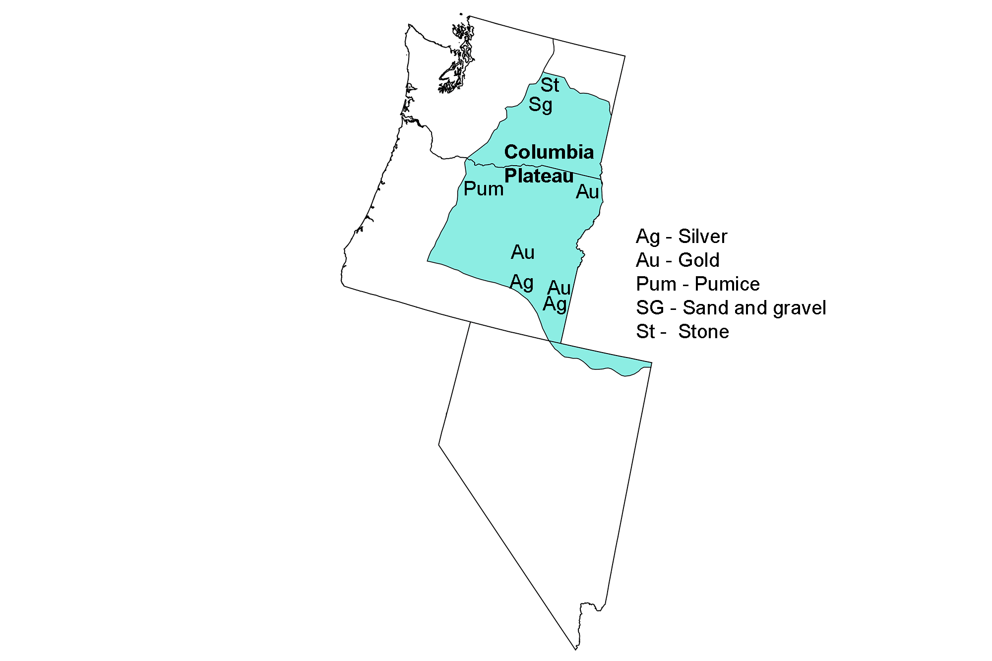 Map showing the locations of major mineral deposits in the Columbia Plateau region of the western United States.