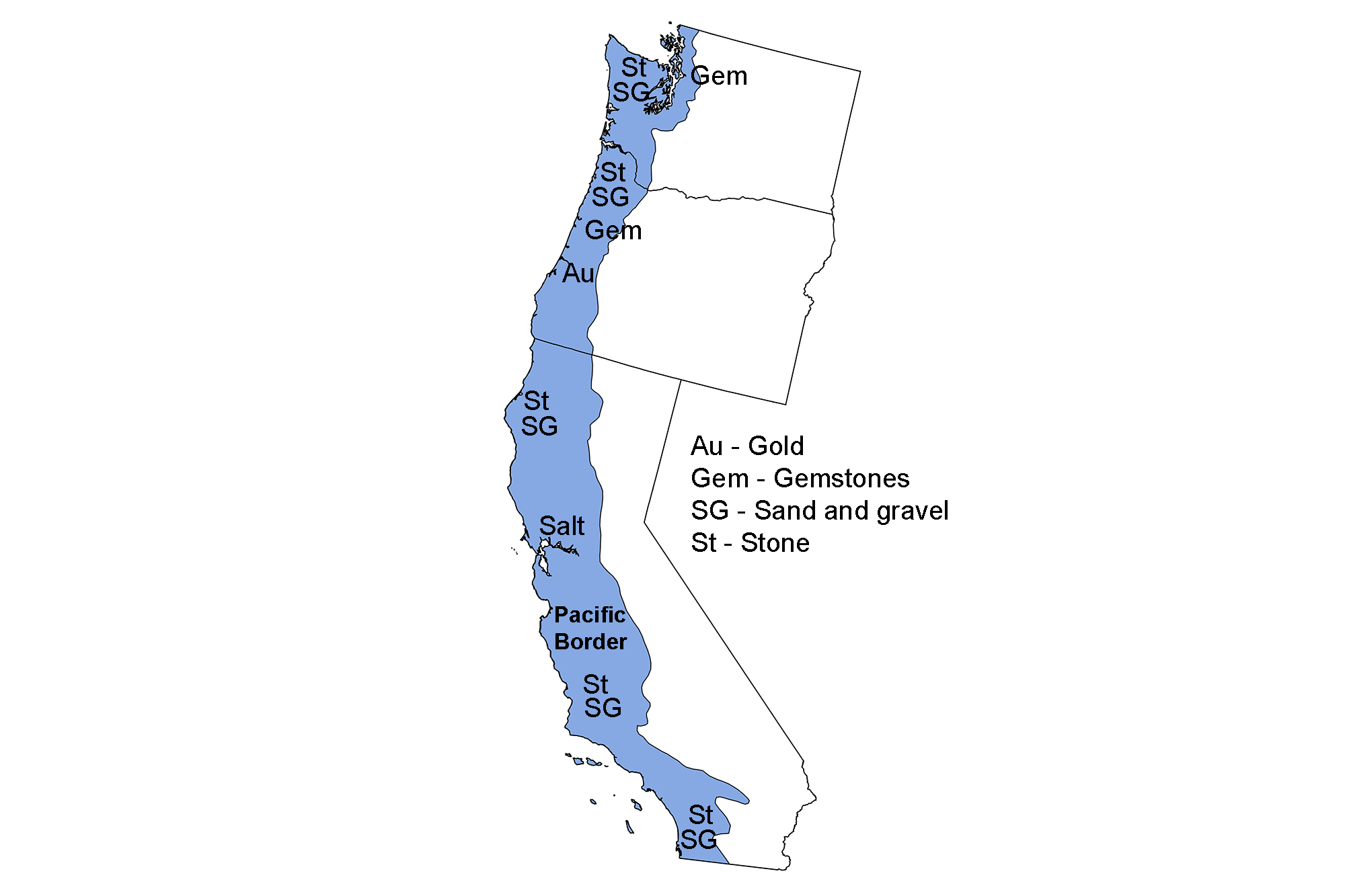 Map showing the locations of mineral resources in the Pacific Border region of the western United States.