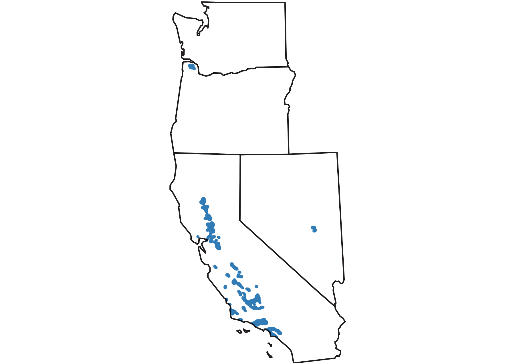 Map shouwing the outlines of Nevada, California, Washington, and Oregon with areas of petroleum extraction shaded blue. Blue shading is in the western part of California, with one dot in east-central Nevada.
