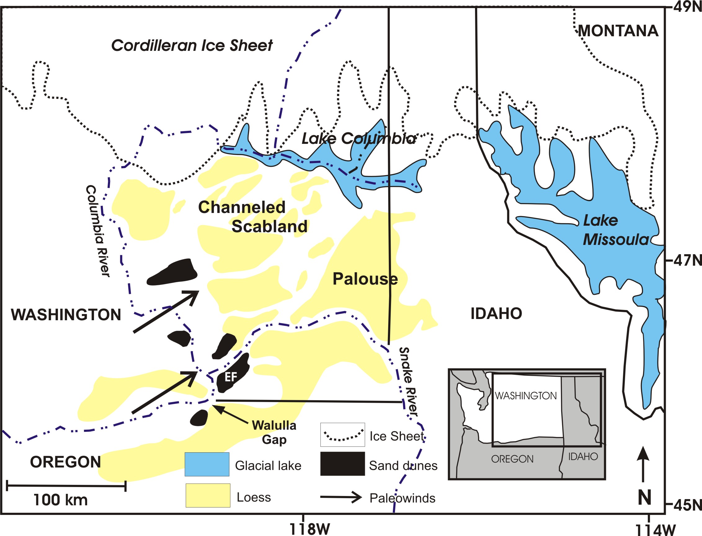 Map of eastern Washington, northeastern Oregon, northern Idaho, and western Montana showing the extent of Pleistocene lake Missoula and Lake Columbia at the southern end of an ice sheet. South of the glacier is the Channeled Scabland and Palouse, an area marked by thick loess deposits separated by channels cut by floodwaters.