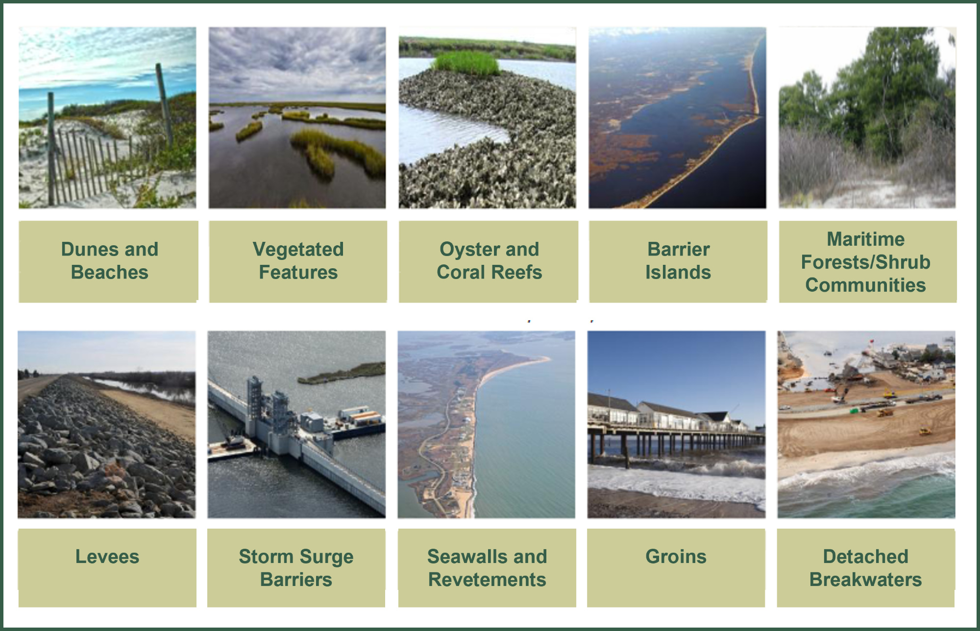 An image with thumbnail images illustrating a variety of measures that could be used to stabilize and protect the coast, both nature-based and structure-based.