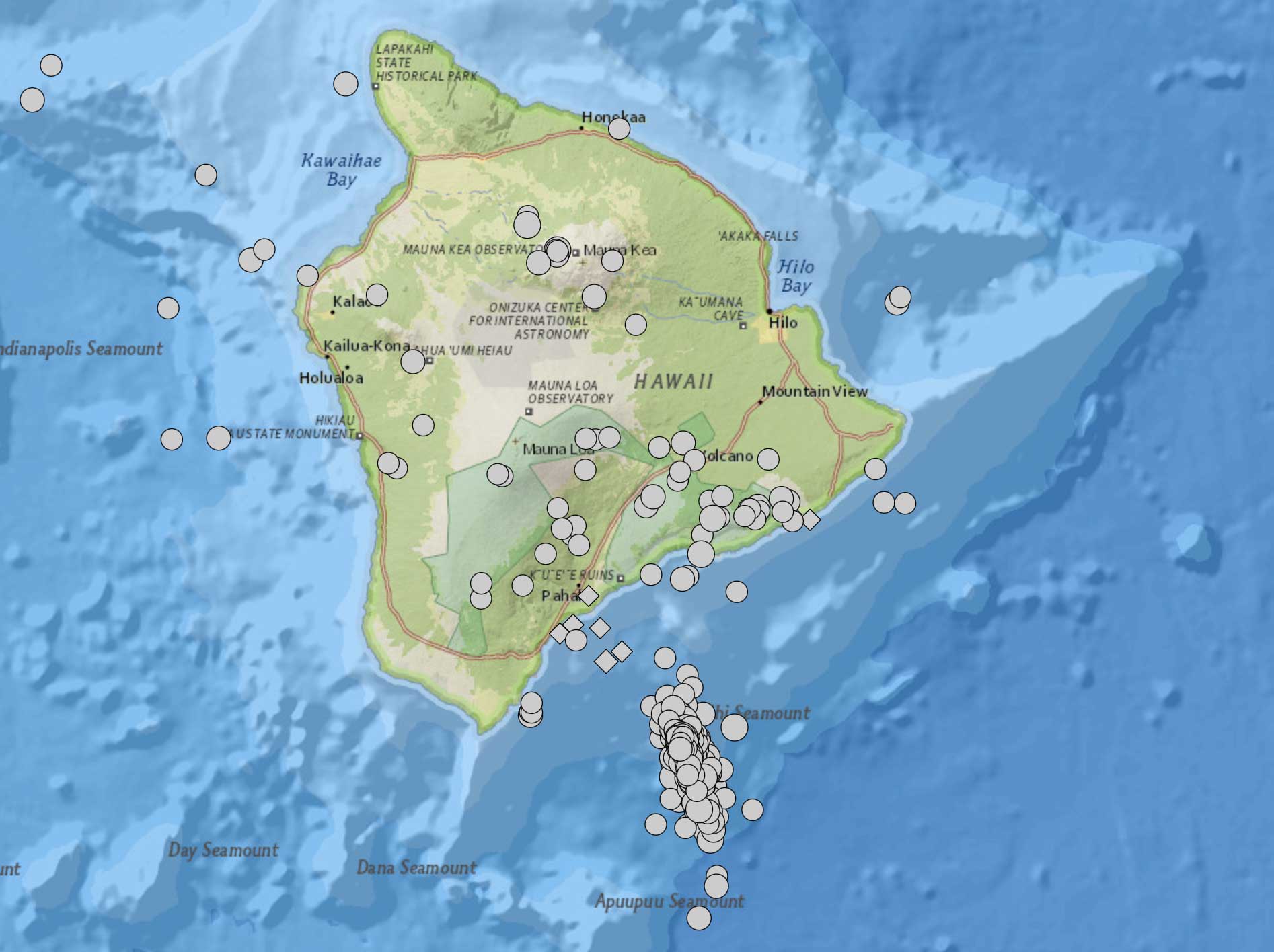 Map of Hawaii Island showing locations of earthquakes associated with a 1996 swarm.