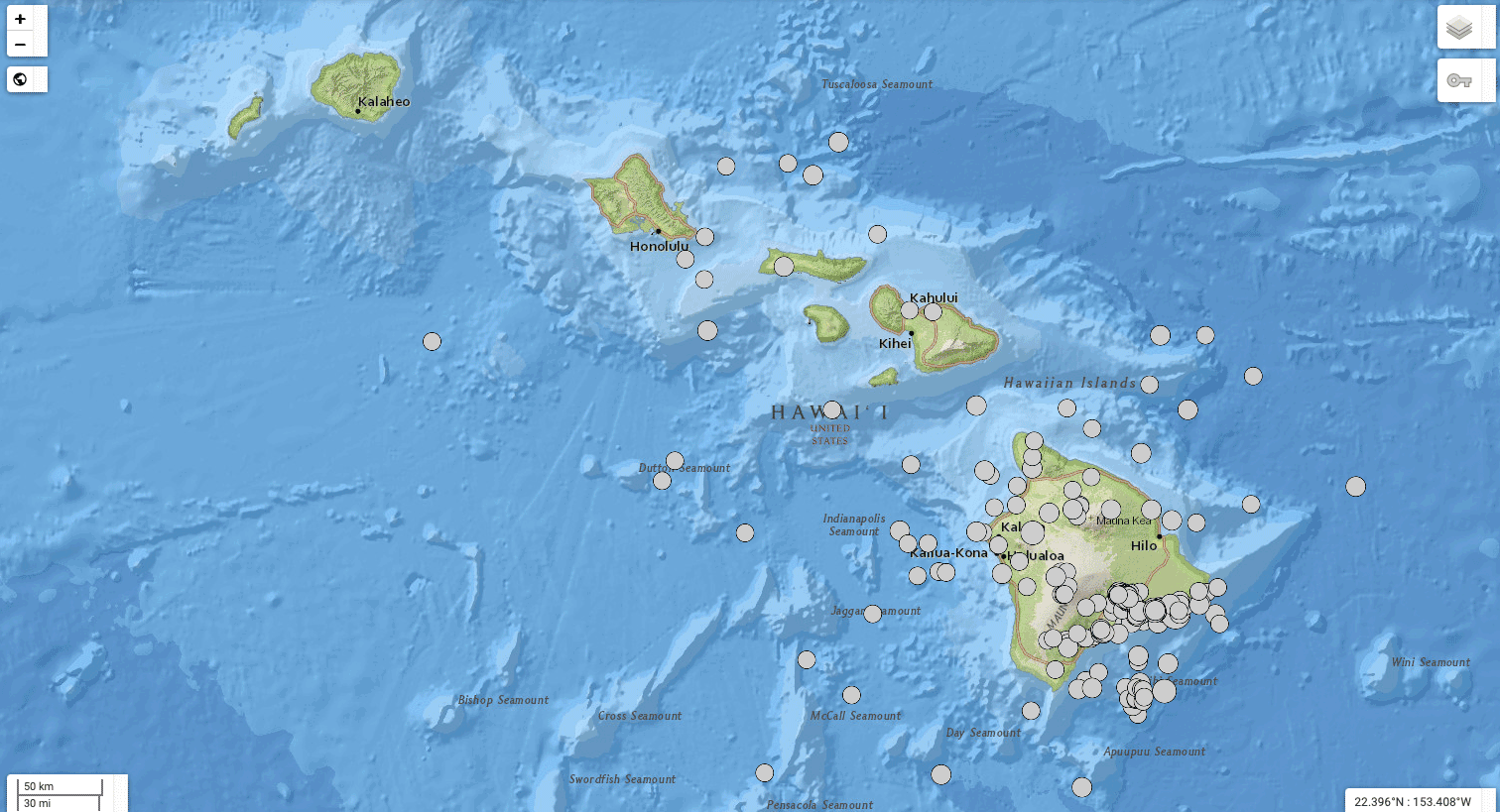 Map of Hawaii showing locations of earthquakes of M3.5 or greater between 2011-2021.