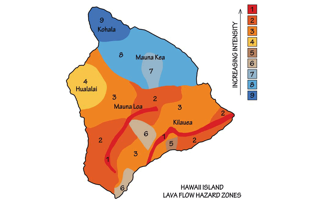 Map showing regions of the Big Island of Hawaii that are most at risk of lava flows.