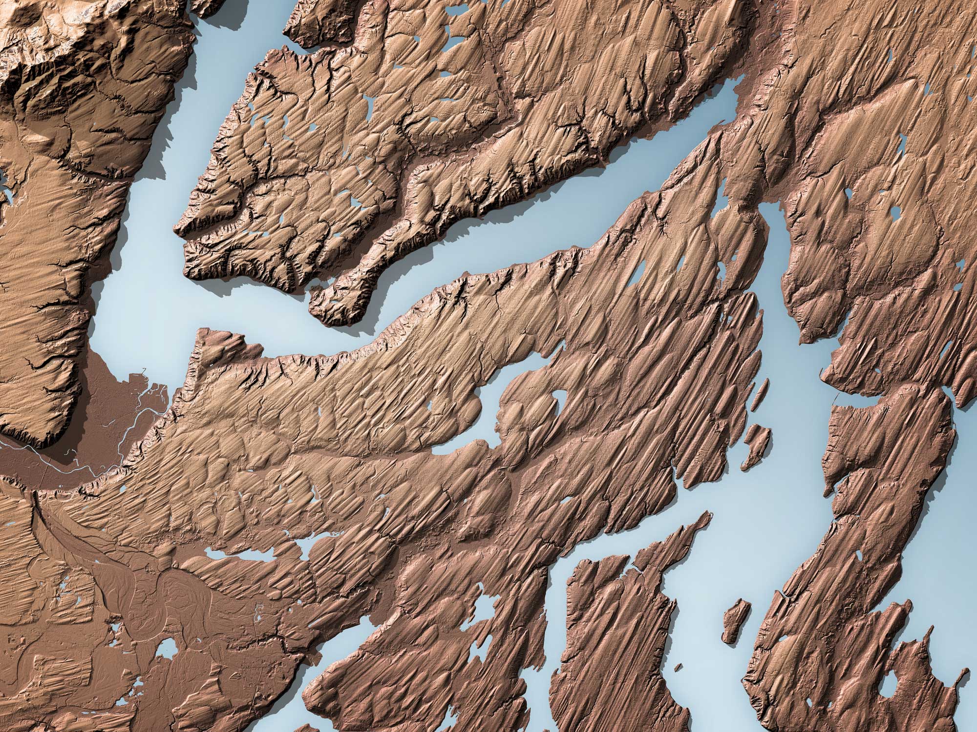Digital model of the landscape at Hood Canal, Puget Lowland, Washington. The image shows a series of parallel hills or ridges running from the lower left to the upper right. These are glacial landforms called drumlins.