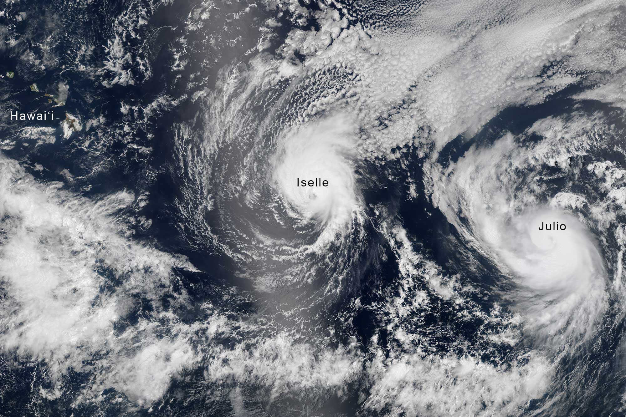 Satellite image of Hurricanes Iselle and Julio on the way to Hawaii on August 5, 2014.