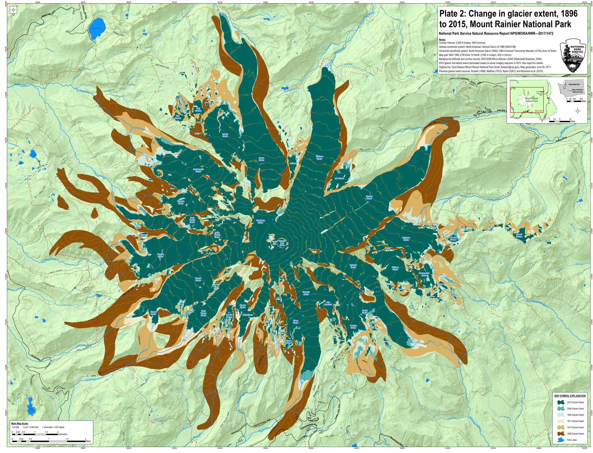 Topographic map of the peak of Mount Rainier showing the extent of its alpine glaciers at six points in time from 1896 to 2015. The glaciers were the longest in 1896 and have retreated substantially by 2015.