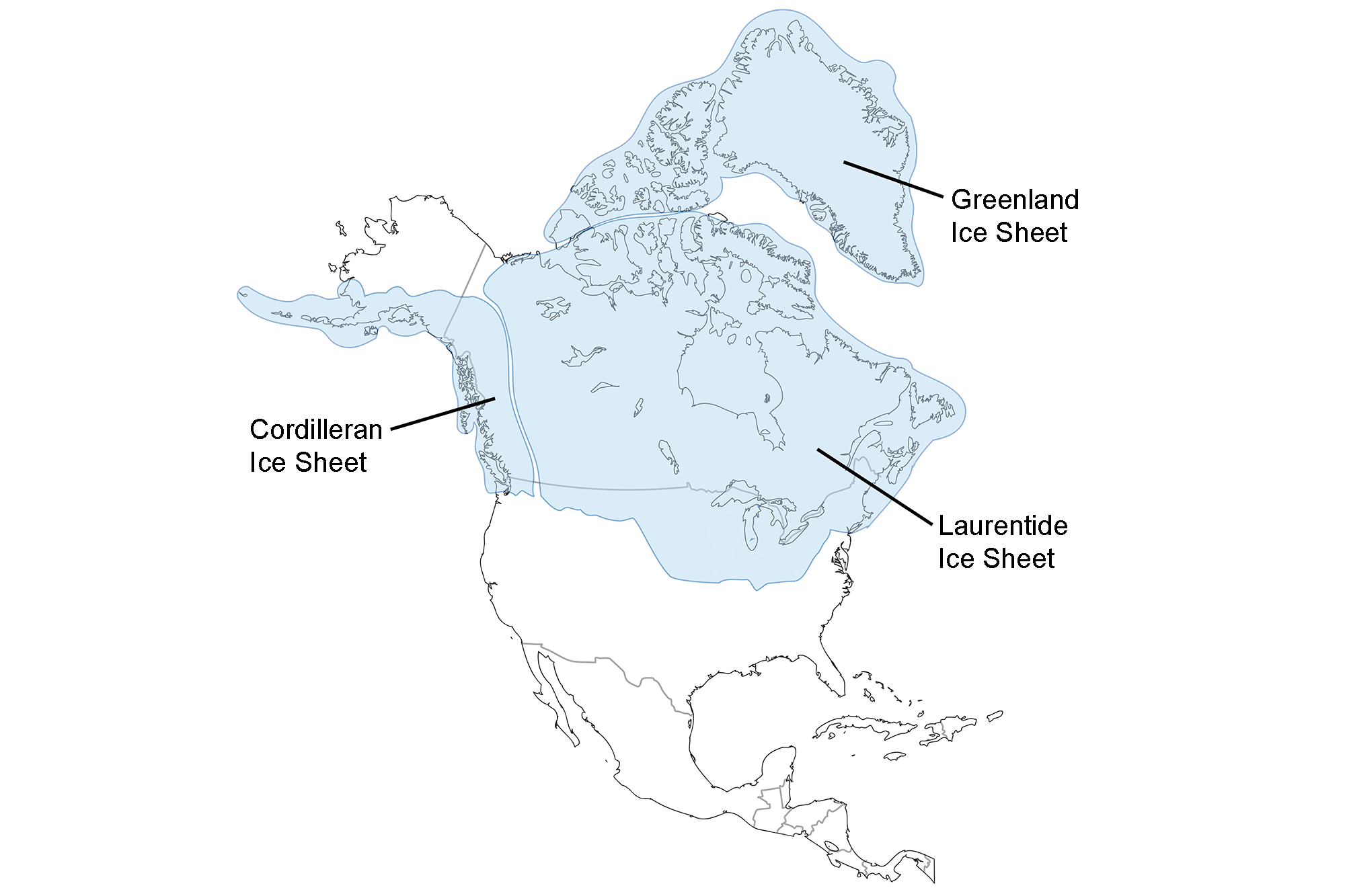 Map showing the positions of major North American ice sheets during the Last Glacial Maximum.