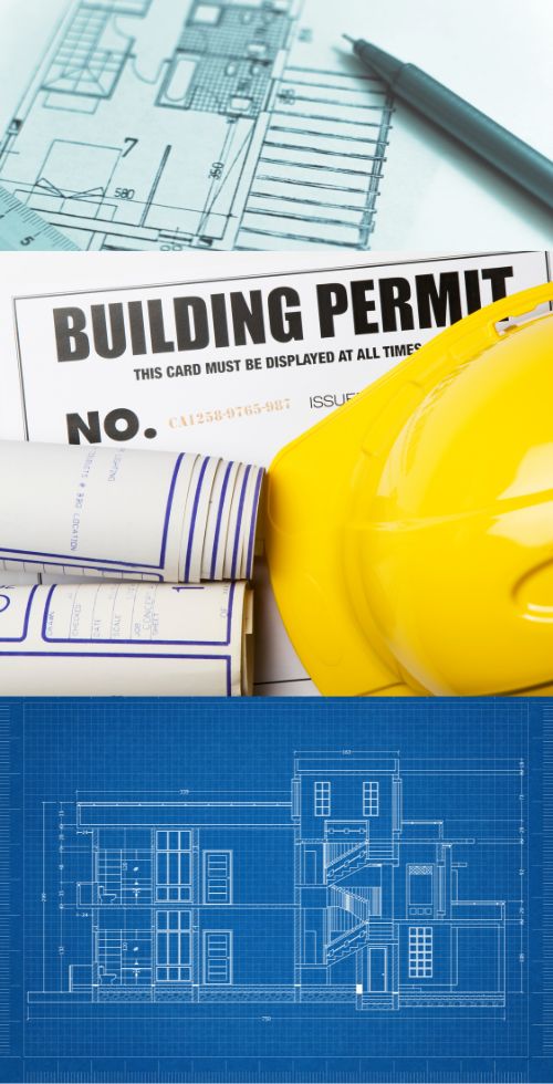 A collage illustrating building codes, standards, and permits