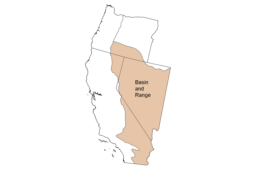 Simple map identifying the Basin and Range physiographic region of the western United States.