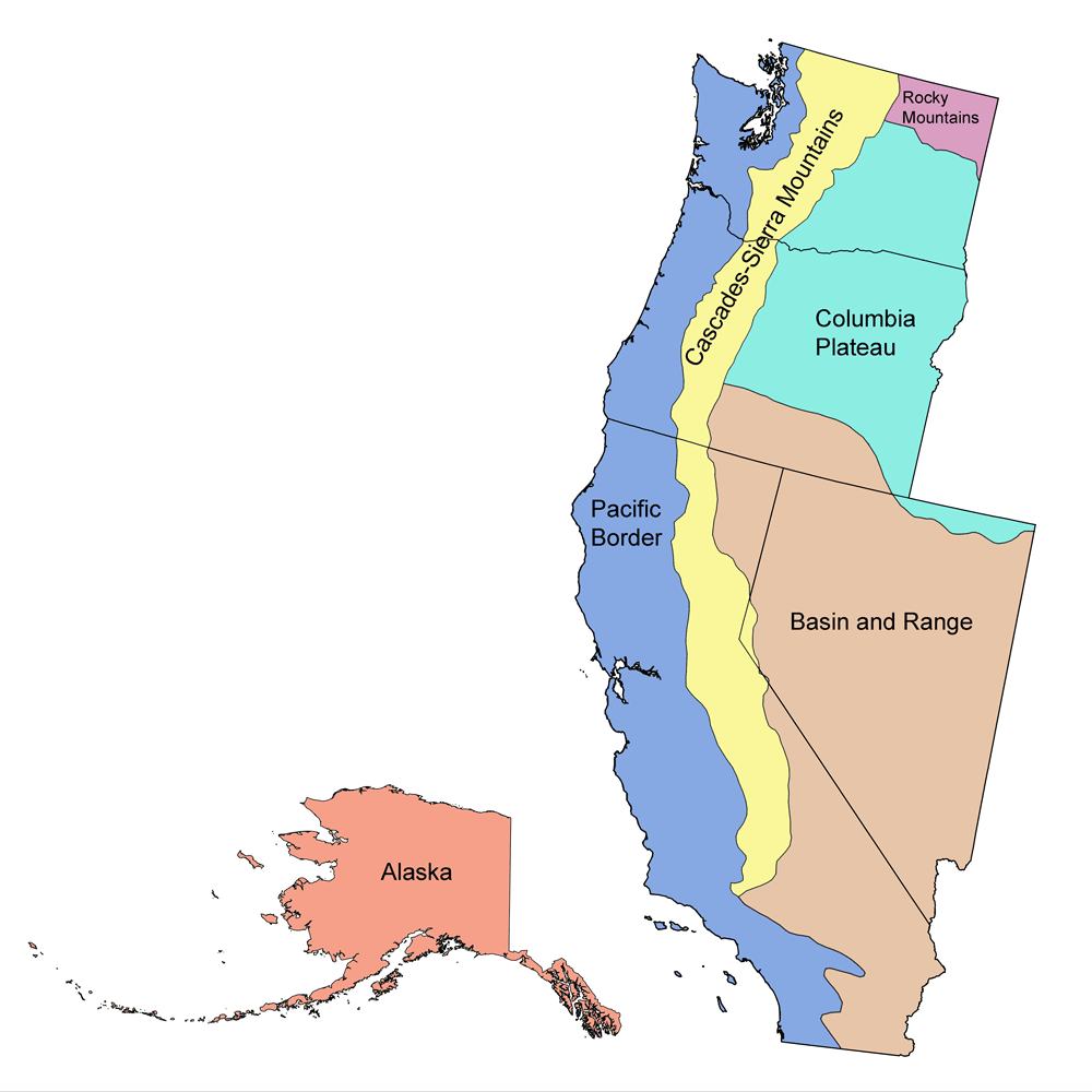 Simple map showing the physiographic regions of the western United States.