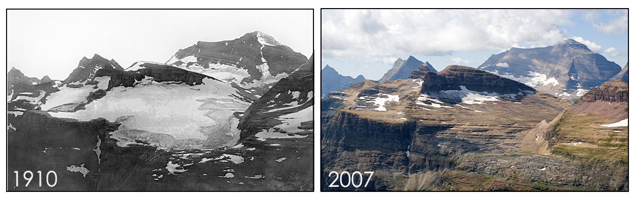 Two photographs of Boulder Glacier in Montana at two points in time, 1910 and 2007. The photos show mountain peaks. In the 1910 photo, the near side of one of the peaks is mostly covered with snow. In the 2007 photo, most of the snow patch is gone. The photos show that the glacier has become substantially smaller in a less than a century.