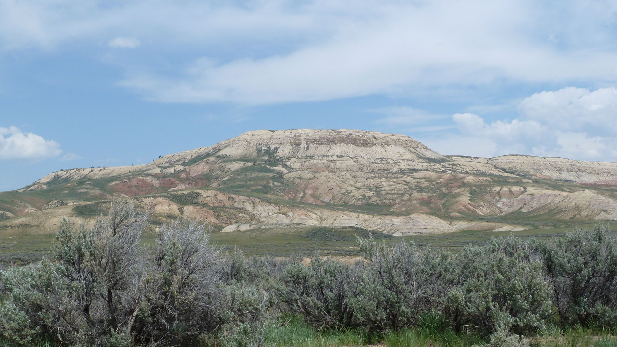 Photograph of a butte at Fossil Butte National Monument, Wyoming. The photo shows a flat-topped hill rising above the landscape. The hill is made up of off-white rock at its top. The sides are of off white rock and some red rock. Near the top of the hill, there is little vegetation. The slopes have some green vegetation. Shrubs can be seen in the foreground.