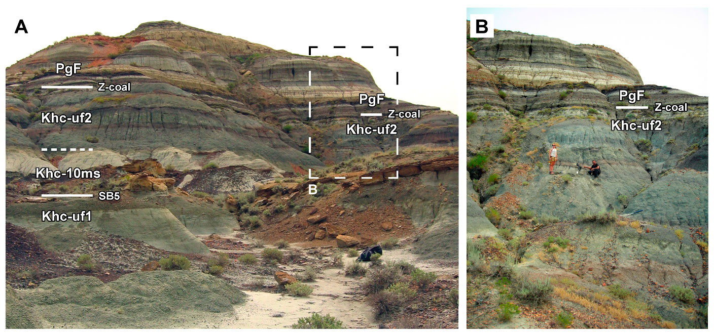2-panel image showing photographs of a butte preserving the Cretaceous-Paleogene (K-Pg) boundary in Montana. Panel 1: Photograph of a butte labeled to show Cretaceous Hell Creek beds below Paleogene Fort Union Formation beds. The K-Pg boundary is marked by the Z-coal between the two formations, which is labeled. Panel 2: Detail of a portion of the butte shown in Panel 1, with the Z-coal labeled. Two people standing in the photo provide scale.