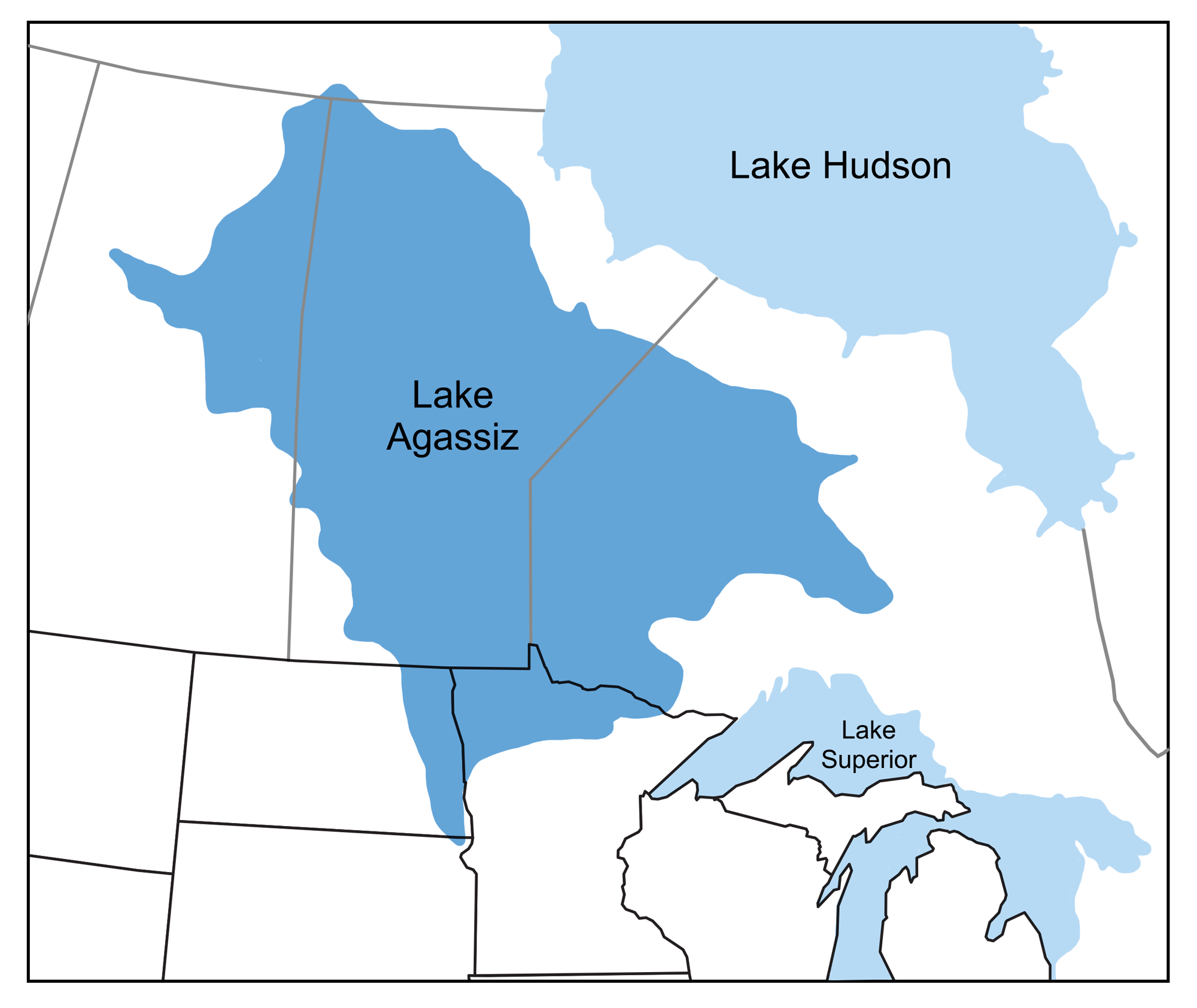 Map of glacial Lake Agassiz, showing its extent. The lake covers 