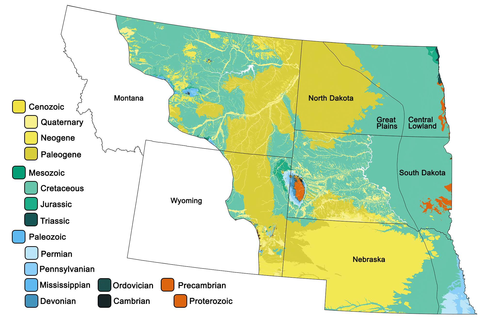Geologic map of the Great Plains and Central Lowland regions of the northwest-central United States.