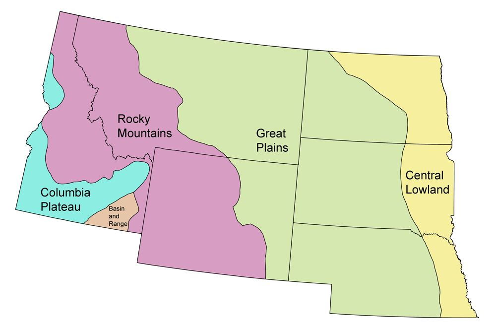 Simple map showing the major physiographic regions of the northwest-central United States.