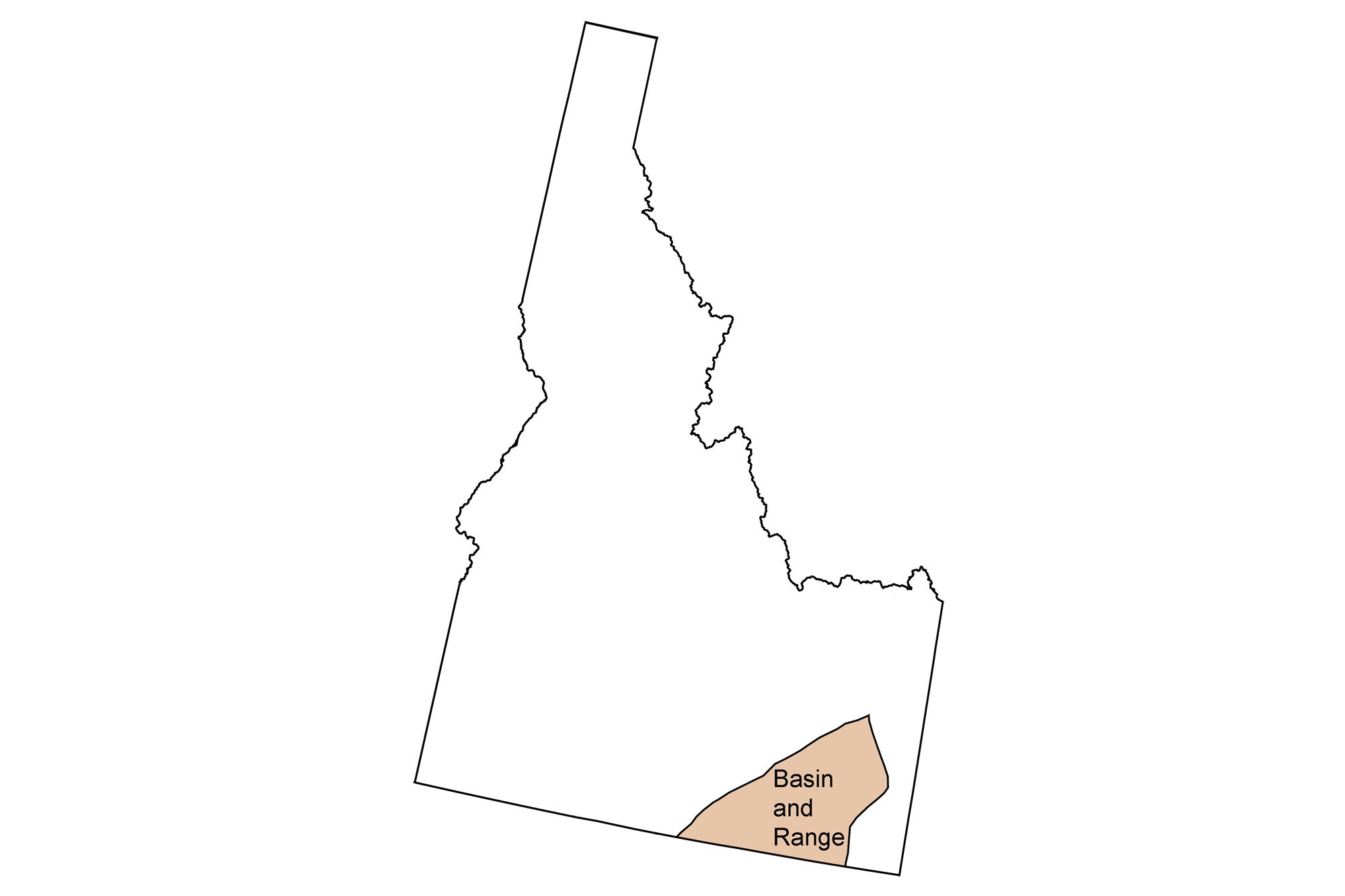 Simple map showing the Basin and Range region of the northwest-central United States, which occurs entirely within Idaho.
