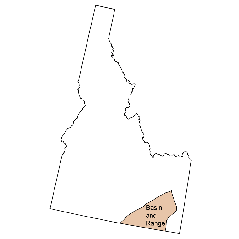Simple map showing the Basin and Range region of the northwest-central United States, which occurs entirely within Idaho.