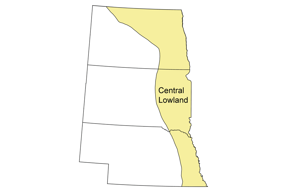 Simple map showing the Central Lowlands region of the northwest-central United States.