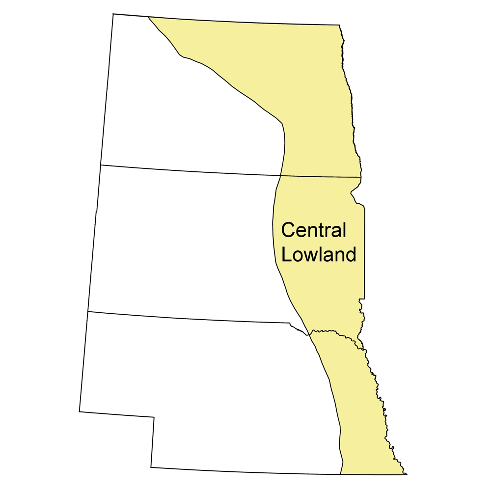 Simple map showing the Central Lowlands region of the northwest-central United States.