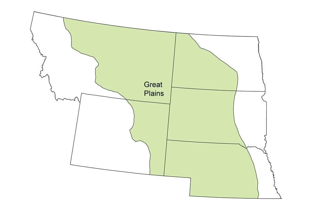 Simple map showing the Great Plains region of the northwest-central United States.