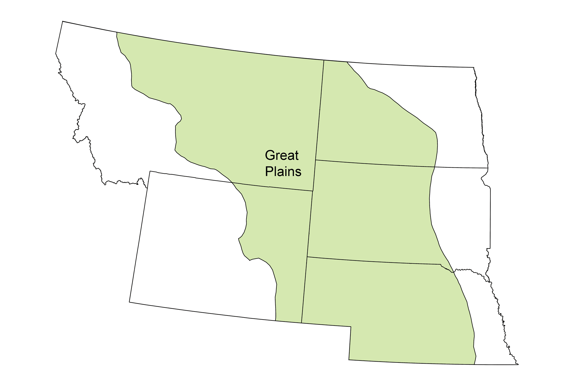 Simple map showing the Great Plains region of the northwest-central United States.