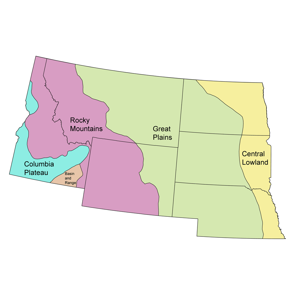 Simple map showing the major physiographic regions of the northwest-central United States.