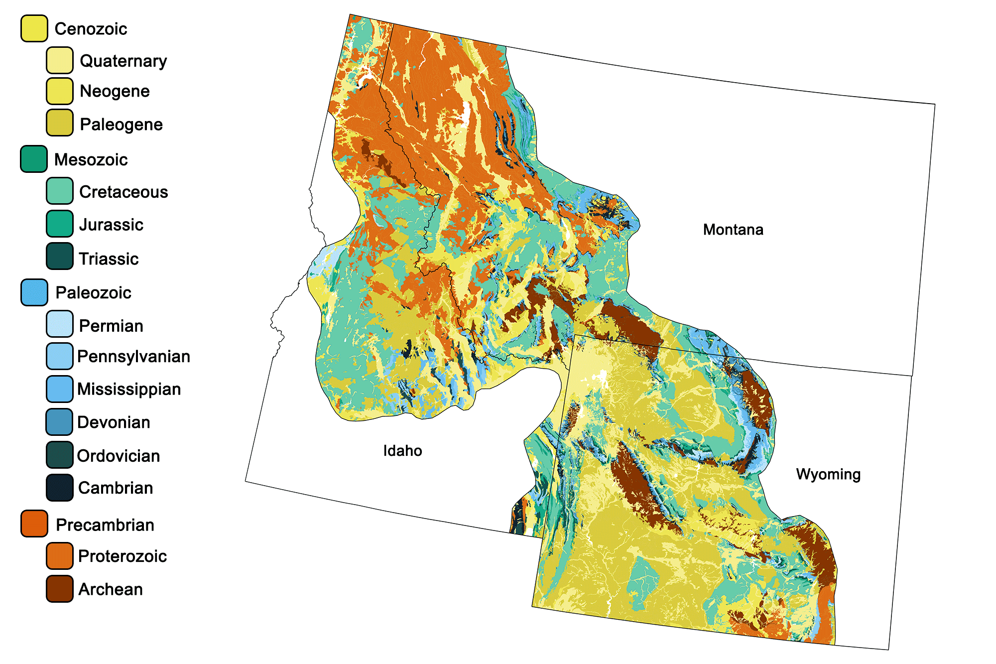 Geologic map of the Rocky Mountain region of the northwest-central United States.