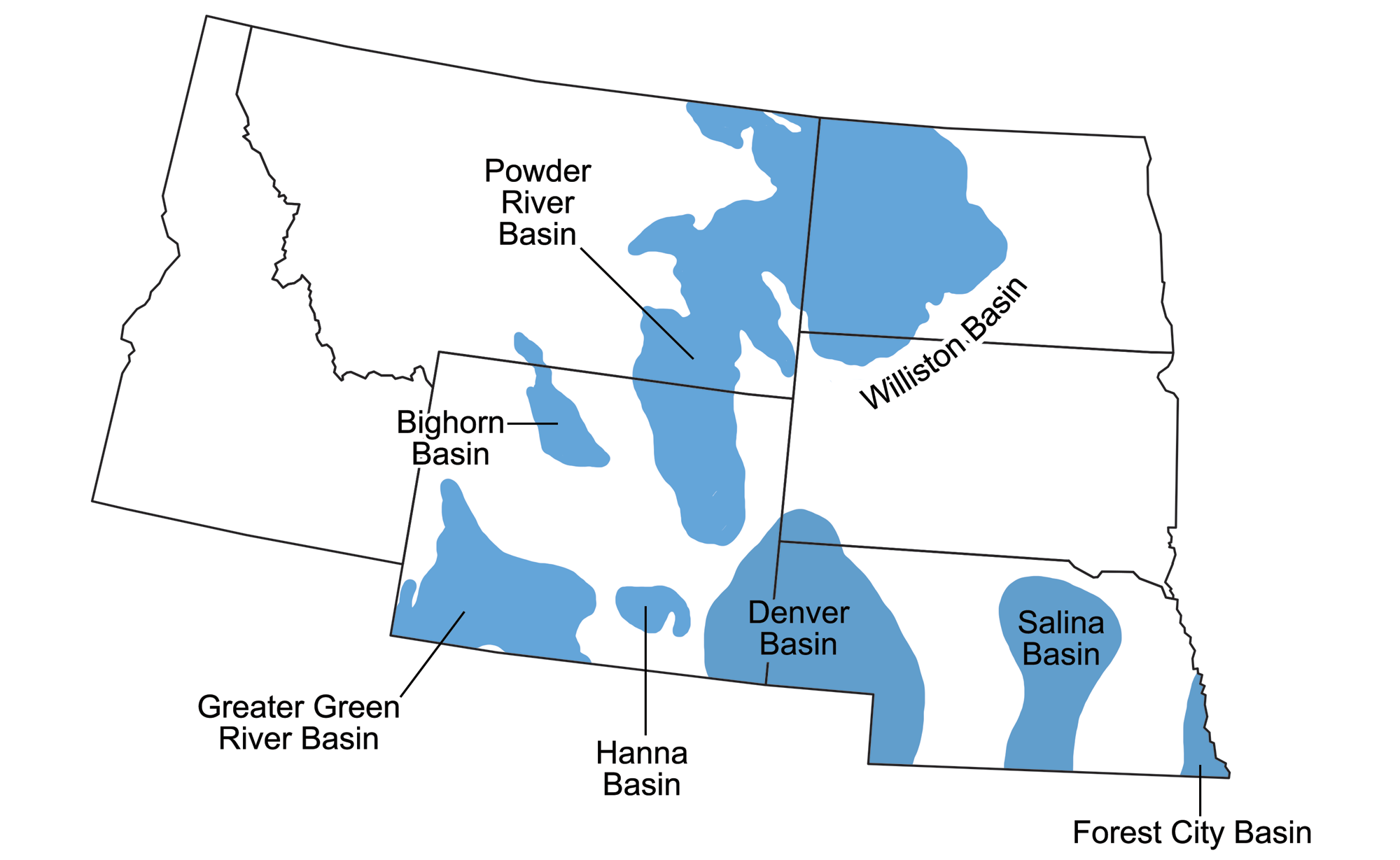 Map of the states of the northwest central region with the major sedimentary basins shaded blue. Basins include the Powder River Basin (eastern Montana, western North Dakota, northeastern Wyoming, and a little of northern South Dakota), the Bighorn Basin (southern Montana and northern Wyoming), the Greater Green River Basin (southwestern Wyoming), the Hanna Basin (southeastern Wyoming), the Denver Basin (southeastern Wyoming, western Nebraska, and southwestern South Dakota), the Salina Basin (central Nebraska), and the Forest City Basin (southeastern Nebraska).