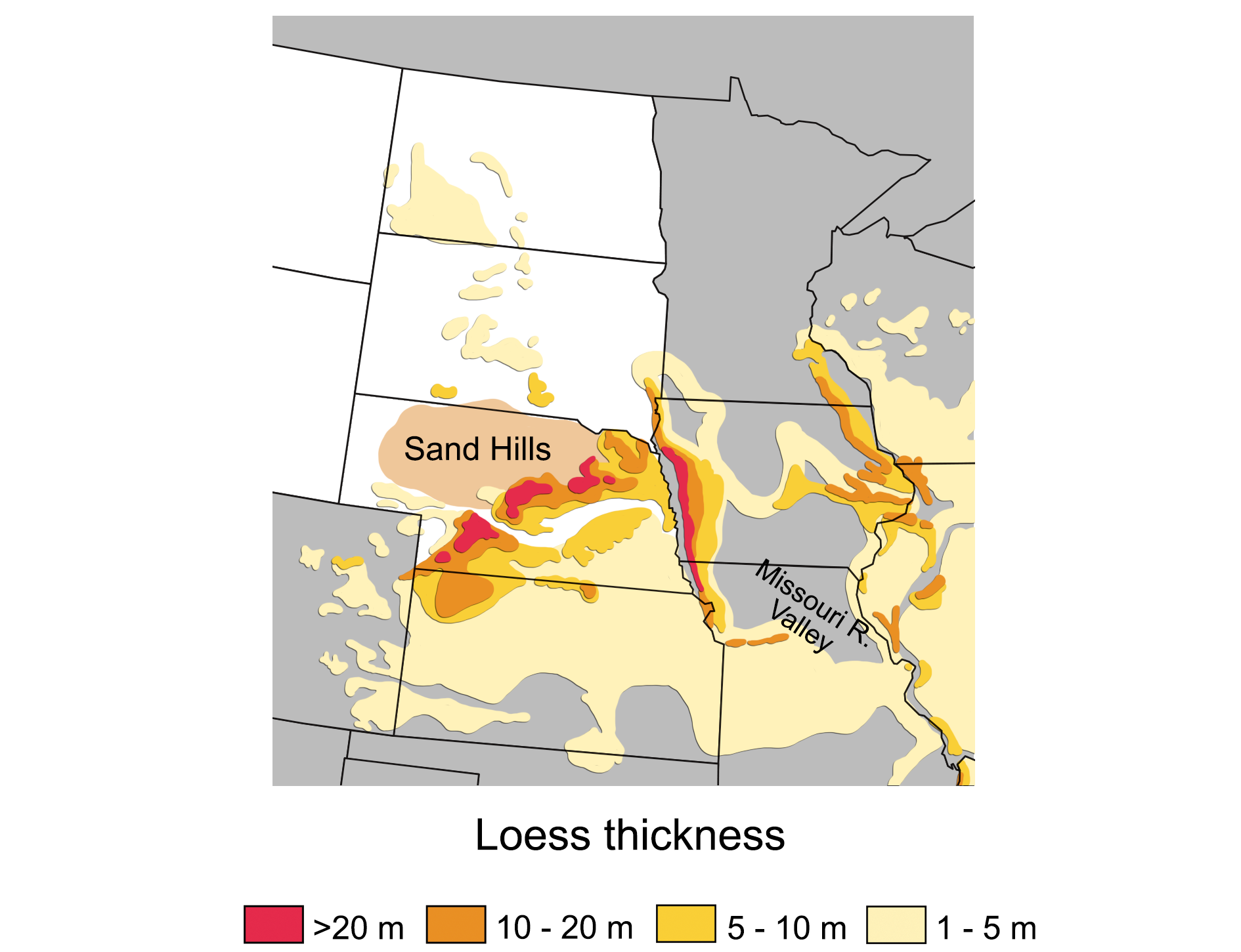 Map showing loess deposits in the central United States.