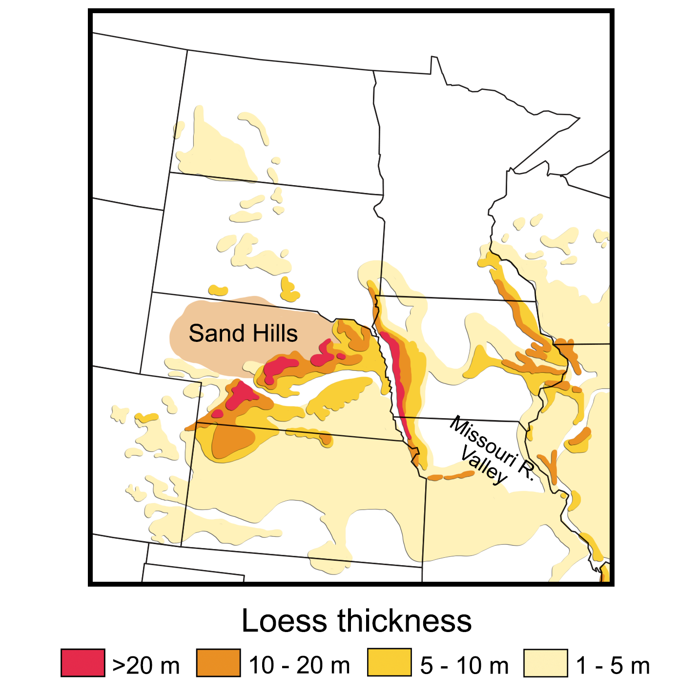 Map showing the central United States (North and South Dakota, Nebraska, Kansas, Minnesota, Iowa, Missouri) shaded to show the distribution and thickness of loess deposits. Of note in the northwest-central region, loess occurs from northeastern to southwestern Nebraska, and sporadically in the Dakotas. The thickest deposits are in a narrow band in Nebraska. The sandhills in northern Nebraska are also indicated.