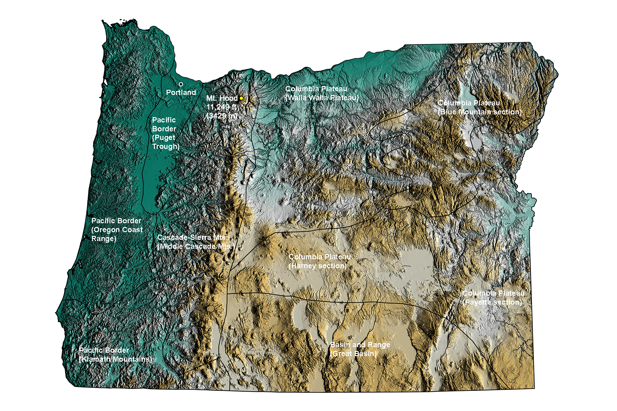 Topographic map of Oregon.