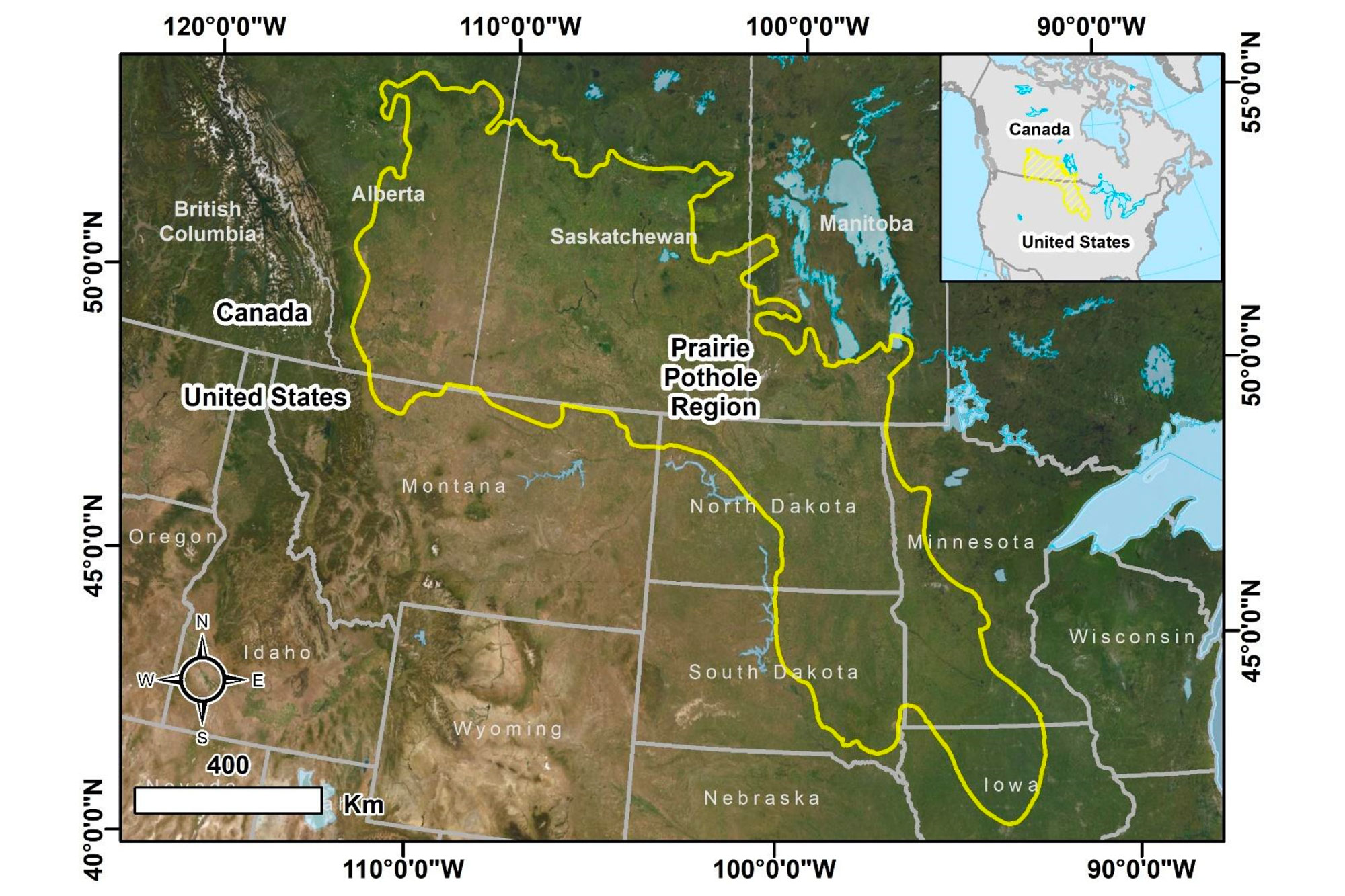 Map of the north-central United States and southern Canada with the Prairie Pothole Region outlined in yellow. The region extends through southeastern Alberta, southern Saskatchewan, southwestern Manitoba, a little of northern Montana, northern and eastern North Dakota, eastern South Dakota, western Minnesota, and north-central Iowa.